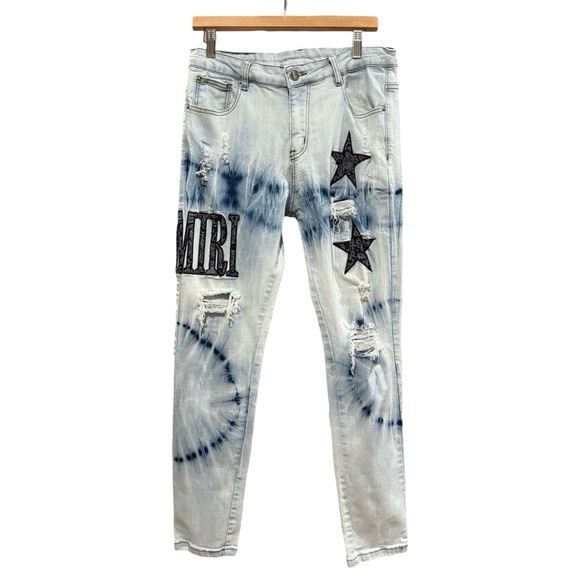 AMIRI Distressed Bandana Tie-Dye Denim Jeans Men’s Size 32 Black Star Patch - Picture 6 of 14